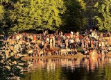 In der Abendstimmung sitzen Besucher auf den Stufen am Aasee und lassen den 1. Mai ausklingen.